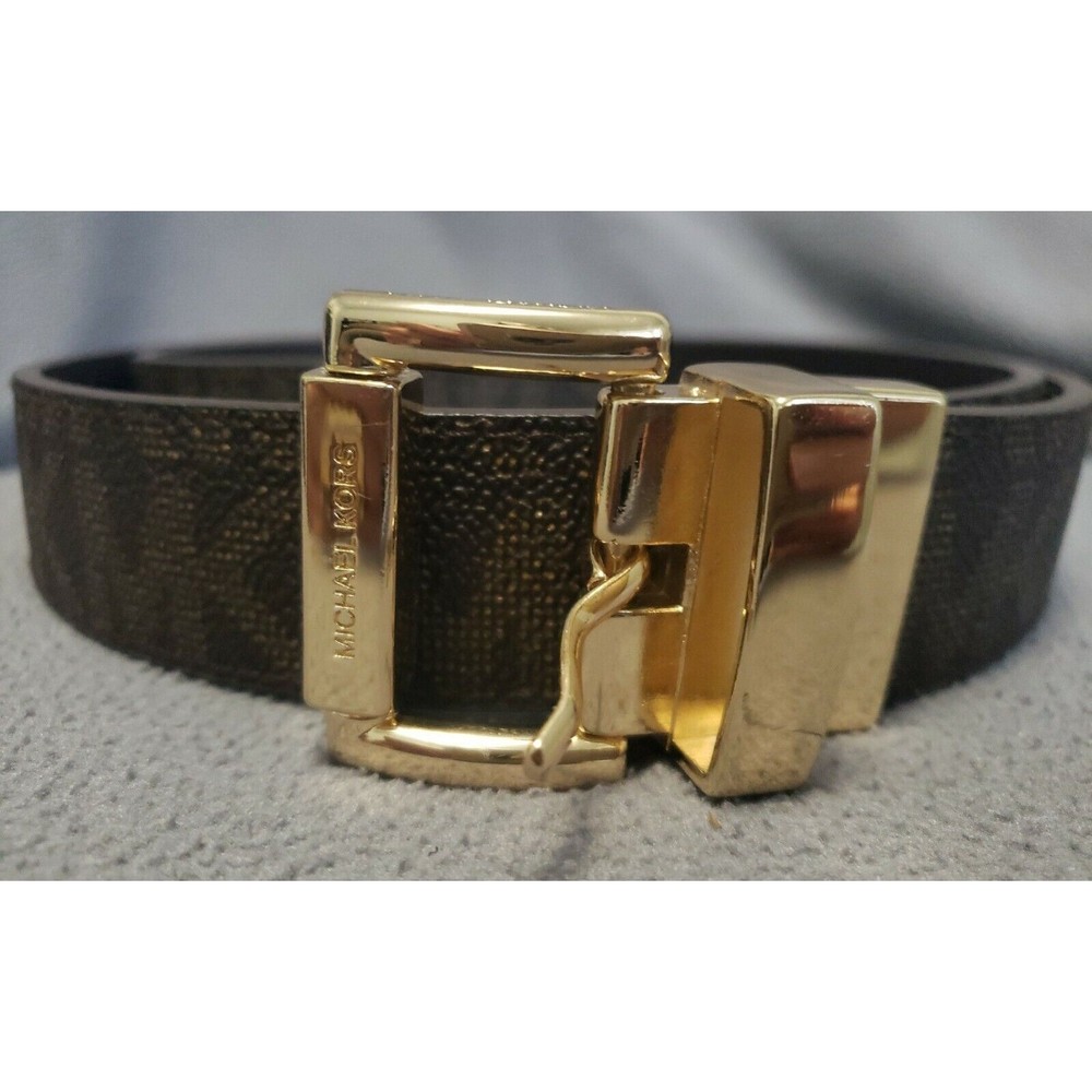 MICHAEL KORS Womens MK Logo Signature Reversible Belt L Brown Leather Gold bu…
